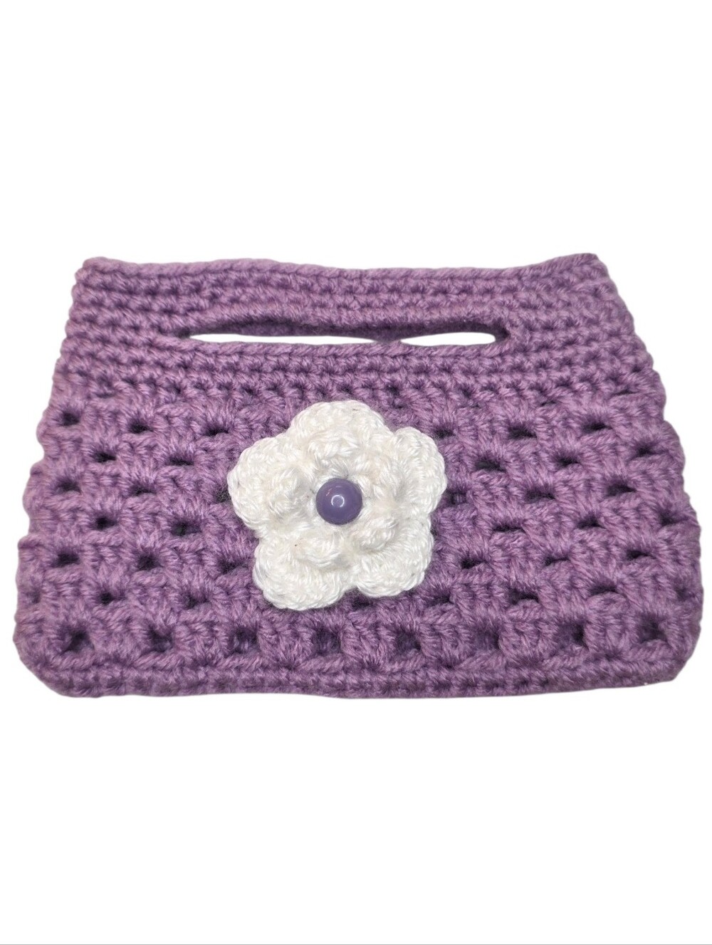 Handmade Yarn Crochet Knit Girls Mini Bag Kids Purse Purple & White Flower